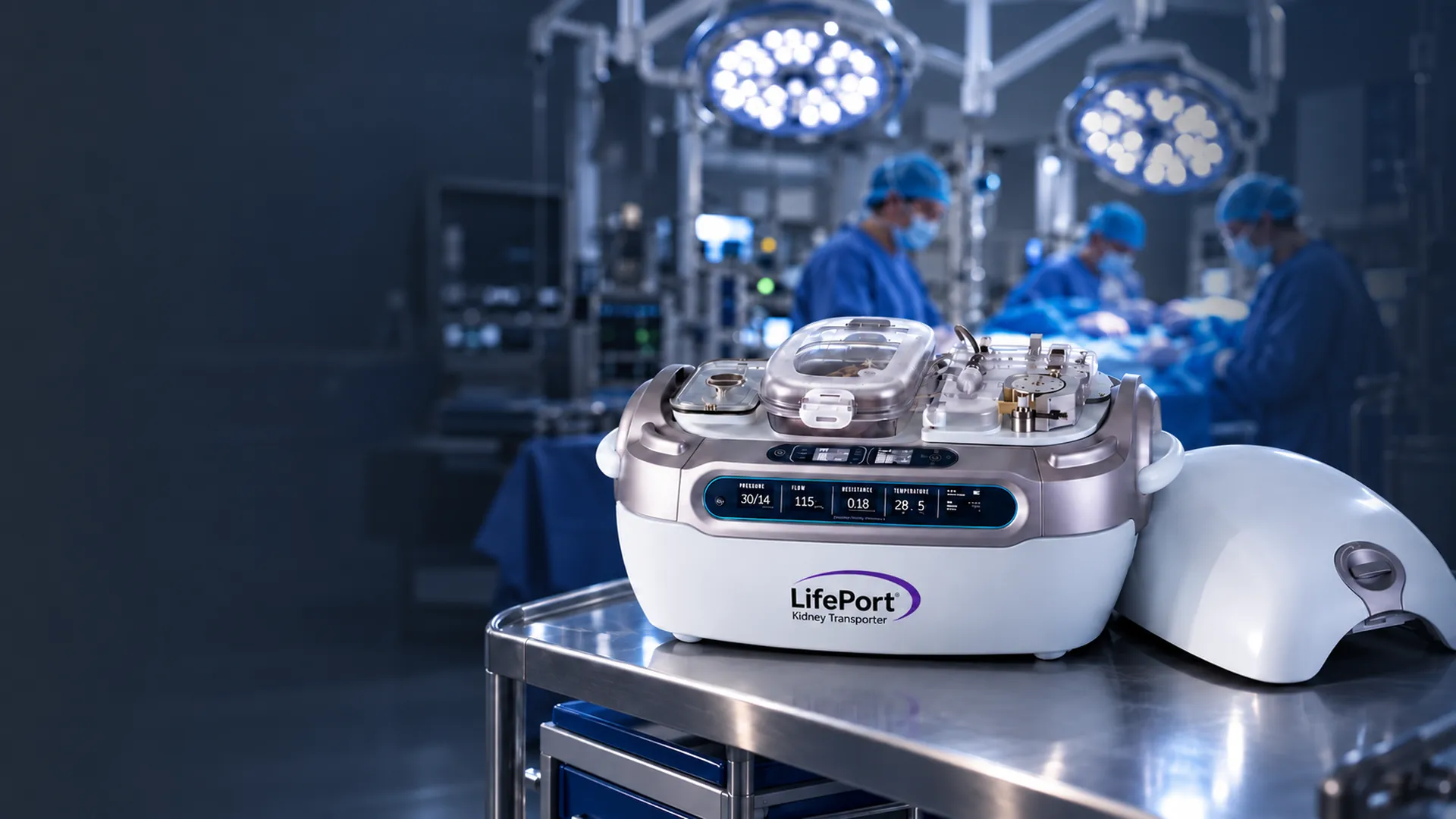 LifePort® sobre una mesa de acero en un quirófano en penumbra.