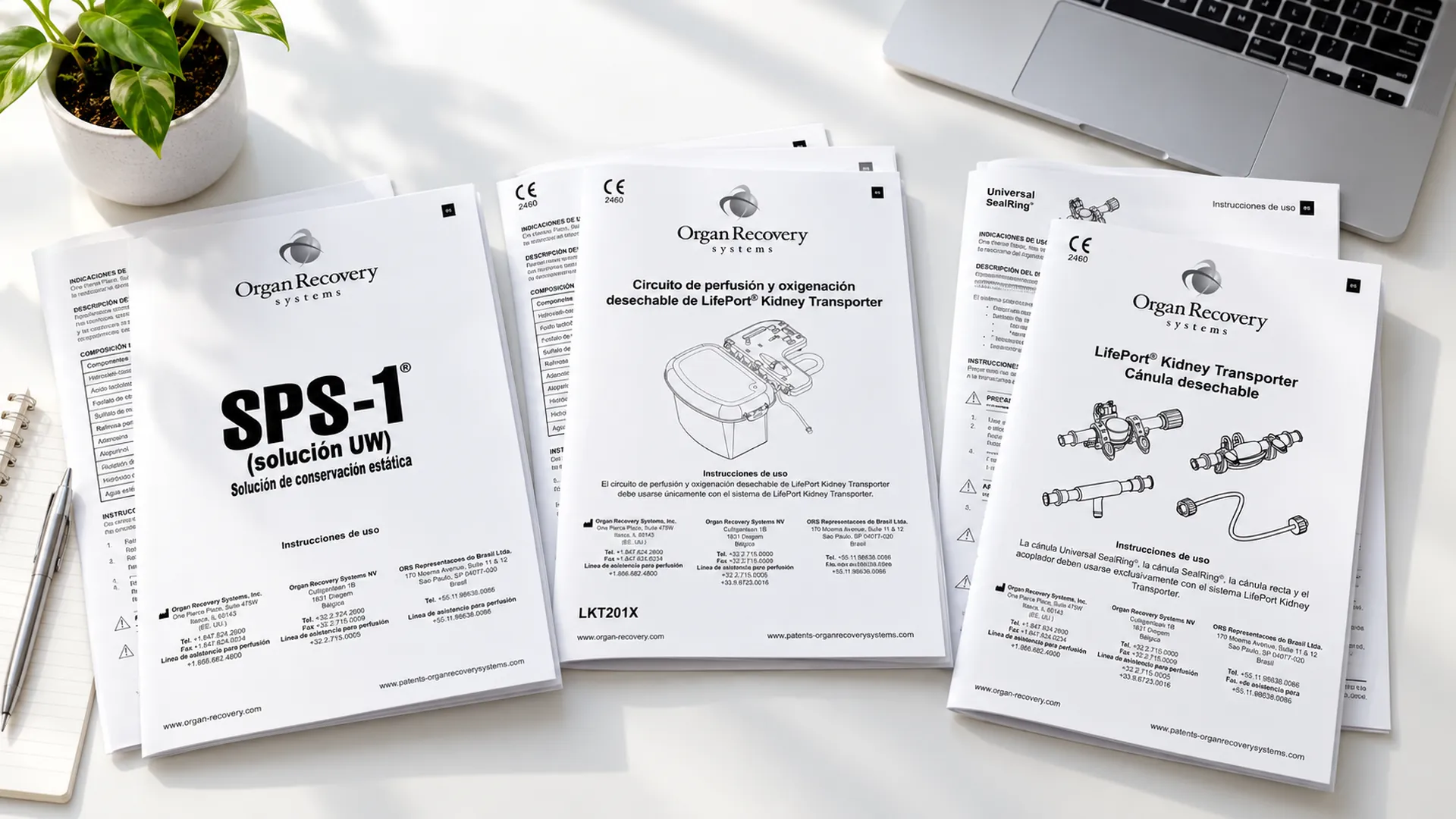 Instrucciones de uso de SPS-1® y del circuito LifePort® sobre un escritorio.