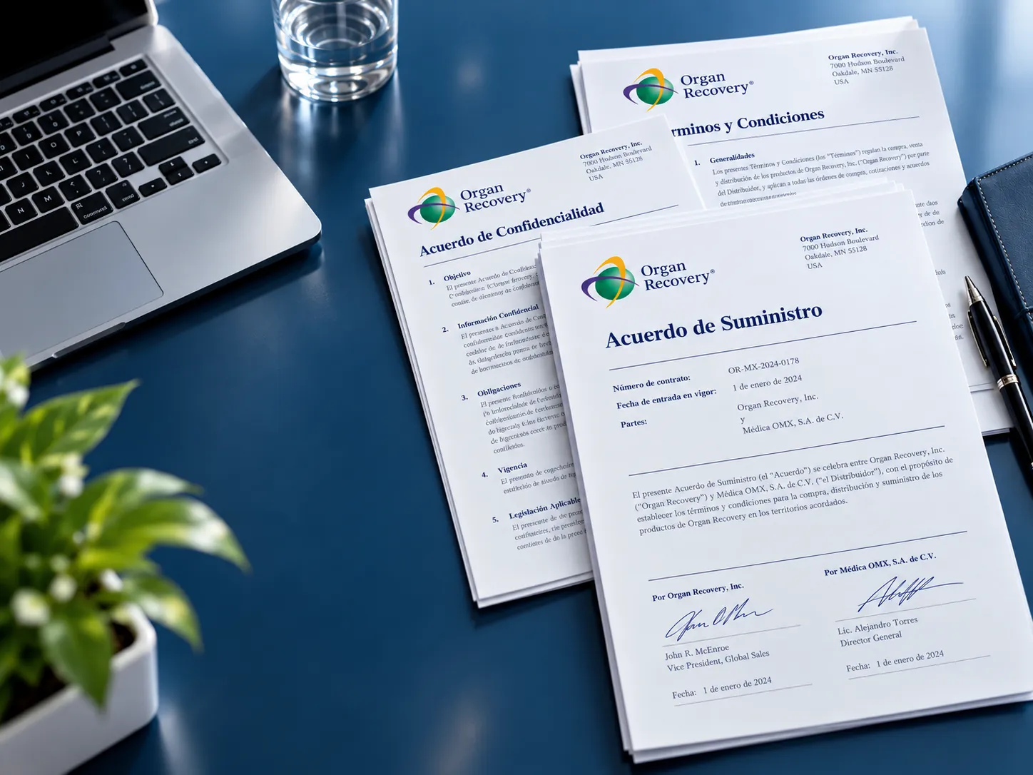 Acuerdos y documentos de Organ Recovery Systems sobre un escritorio.