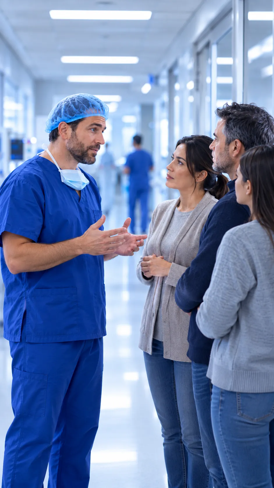 Profesional clínico conversando con una familia en el pasillo de un hospital.