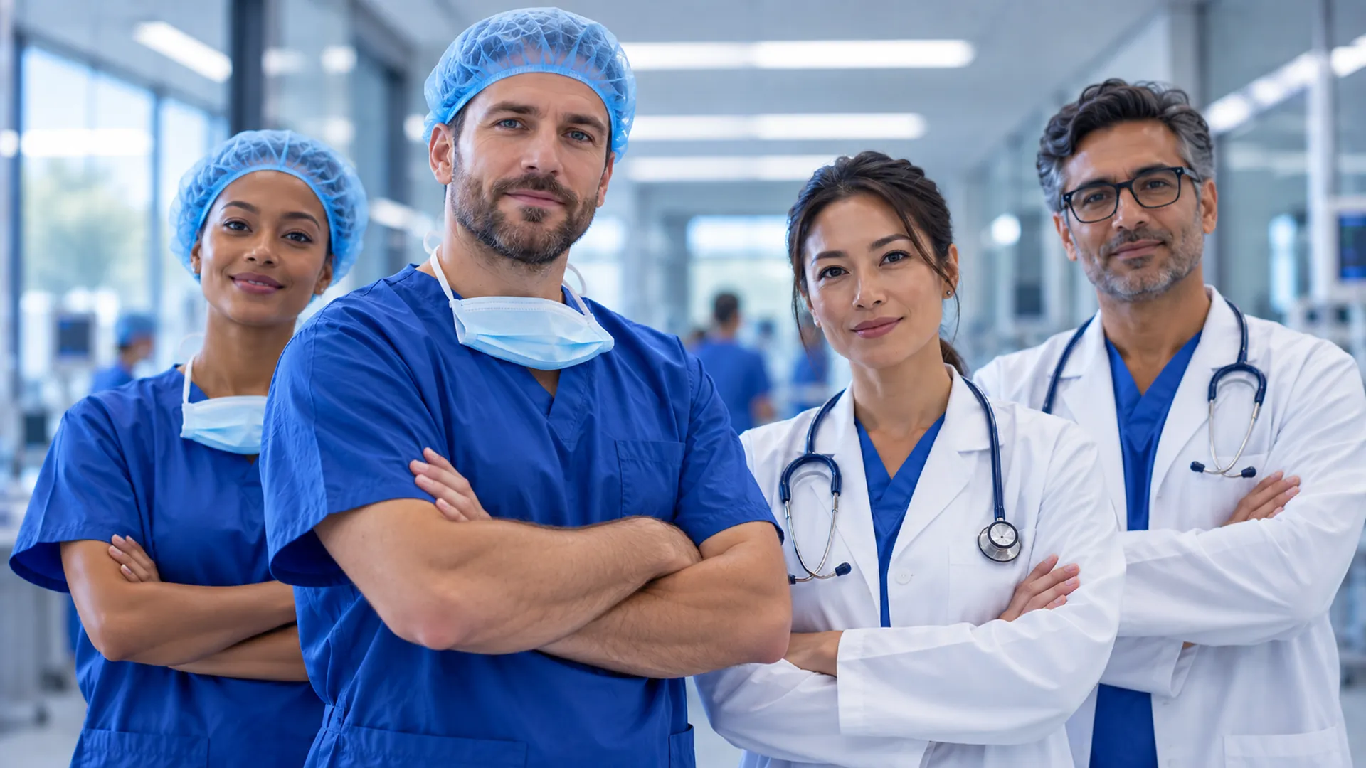 Equipo de profesionales clínicos en el hospital.