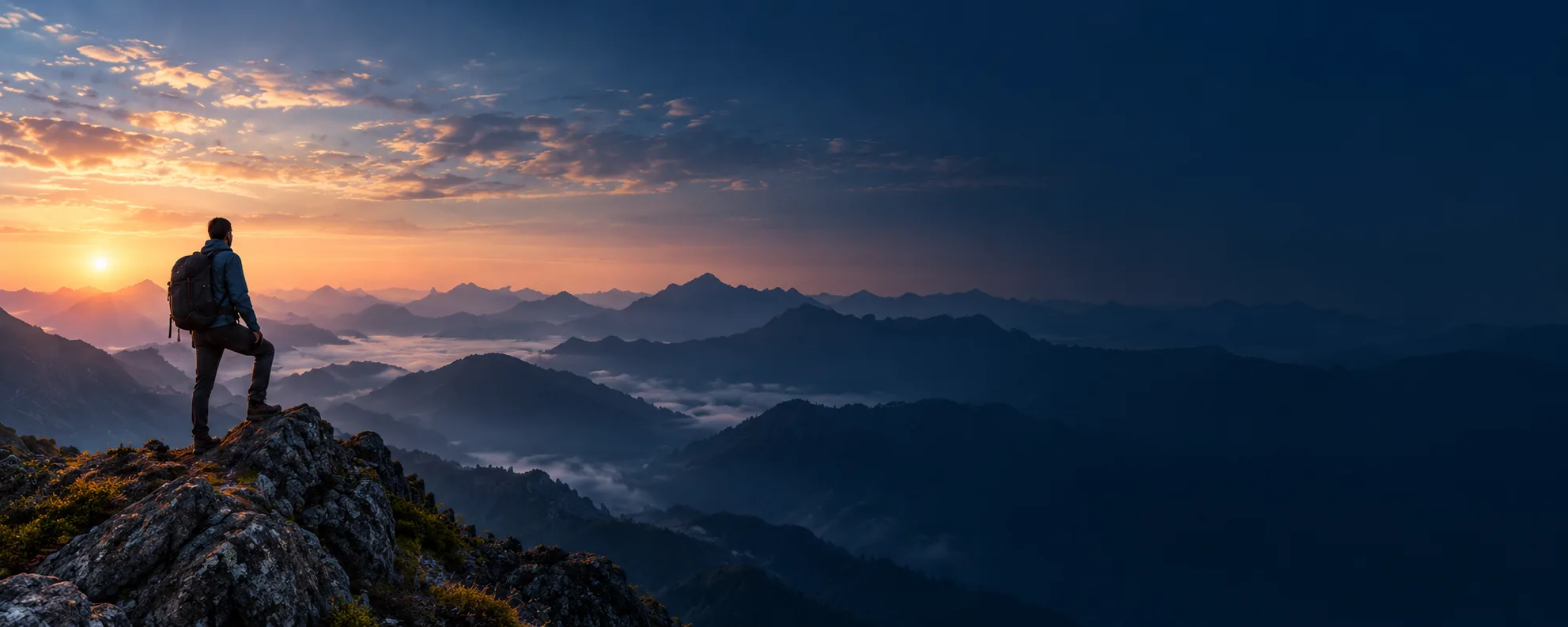 Persona en la cima de una montaña al amanecer, sobre un mar de nubes.