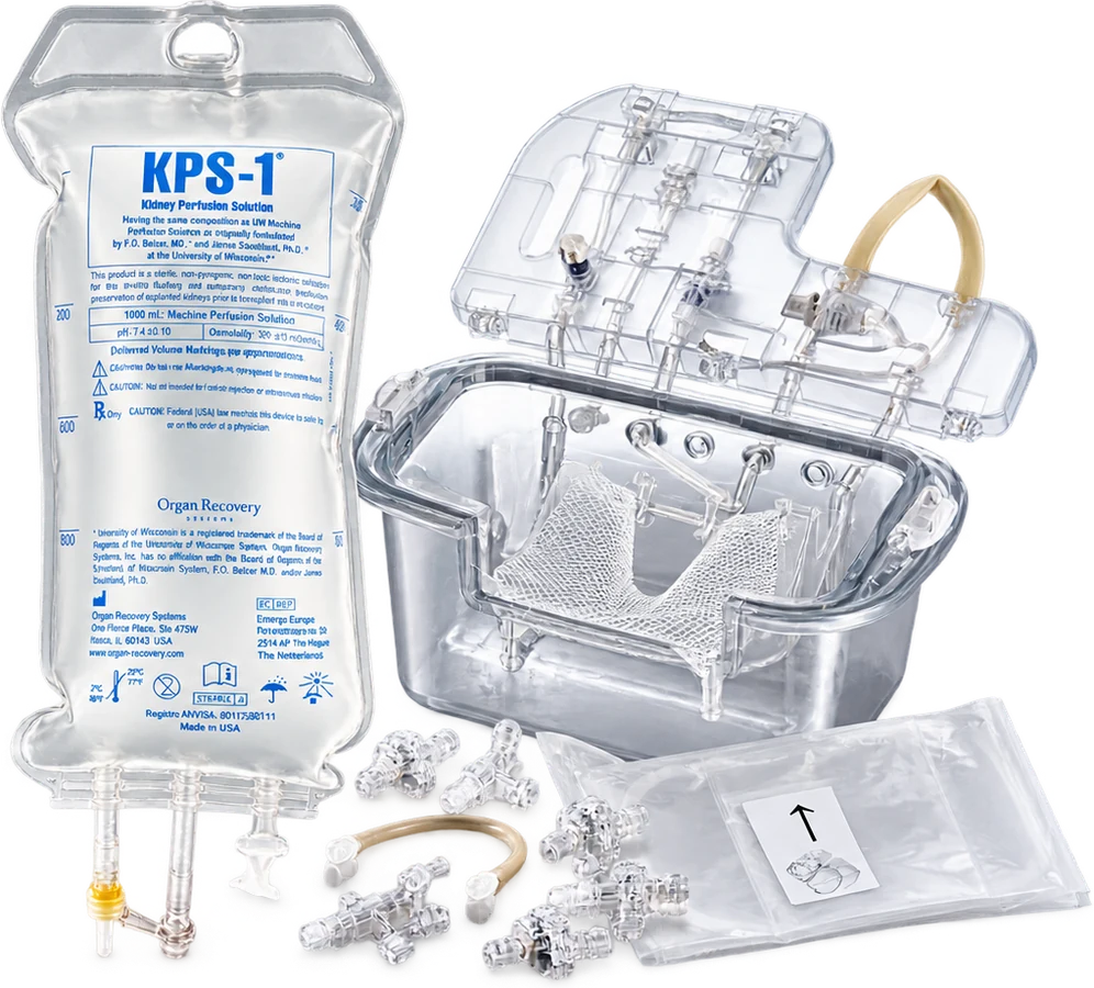 Bolsa de KPS-1®, cassette de perfusión, cánulas y paño estéril de los Consumibles LifePort® + KPS-1®.