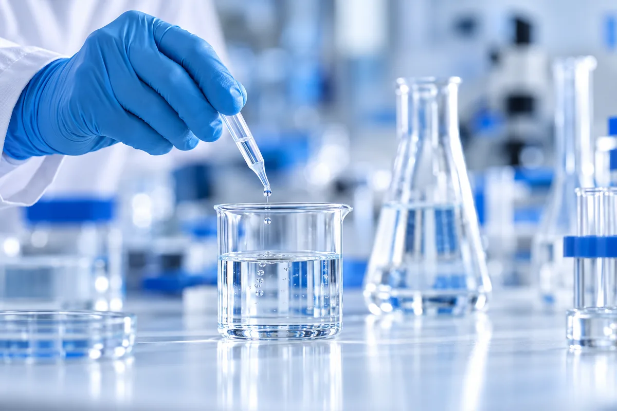 Mano con guante de laboratorio vertiendo una solución en un vaso de precipitados.